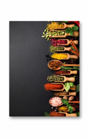 Background with various spices on black slate. Top view
