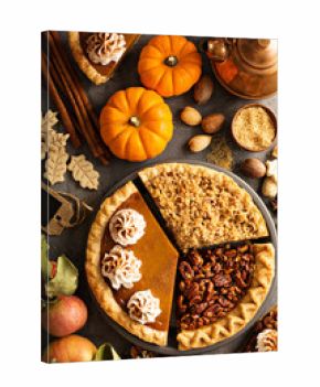 Fall traditional pies pumpkin, pecan and apple crumble