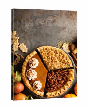 Fall traditional pies pumpkin, pecan and apple crumble