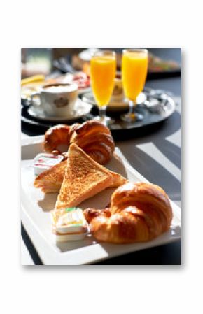 Outdoors restaurant. Table setting with classic breakfast. 