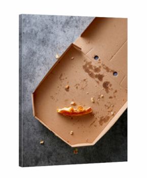 Pizza box with leftowers. Empty pizza cardboard box viewed from above. Top view.