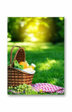 Picnic basket with vegetarian food in summer park
