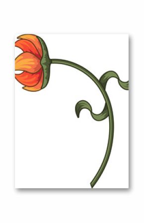 Stylized orange-yellow bloom is drooping on green stem with curled leaves, transparent background
