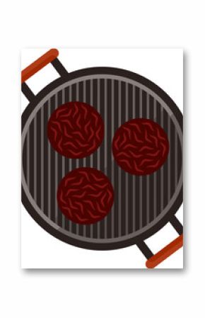 Flat 2D top-down BBQ grill is cooking three patties on grates, orange grips, transparent background