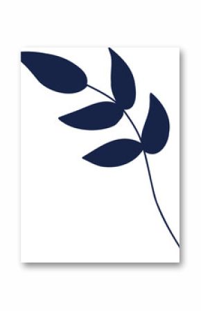 Flat vector branch is showing five elliptical navy leaves on curved stem, transparent background