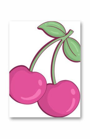 Flat design is showing two pink cherries on transparent background with glossy sheen, copy space