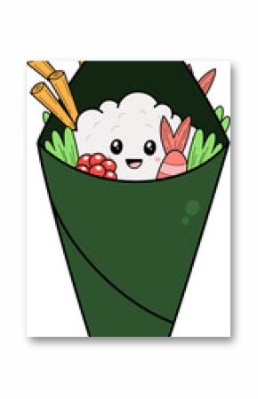 Cartoon temaki is featuring smiling rice with shrimp tail in flat design, transparent background