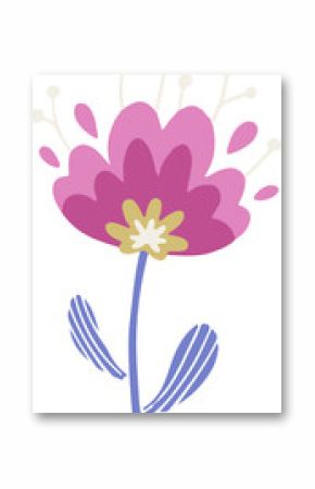 Stylized flower is floating on transparent canvas, showing petals, pollen, stamen, stem, leaves