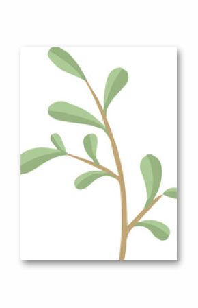 Leafy branch is curving in flat design, showing light green leaves on transparent background