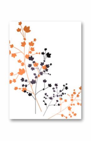Two sprigs are intertwining in flat vector with orange and purple blossoms, transparent background