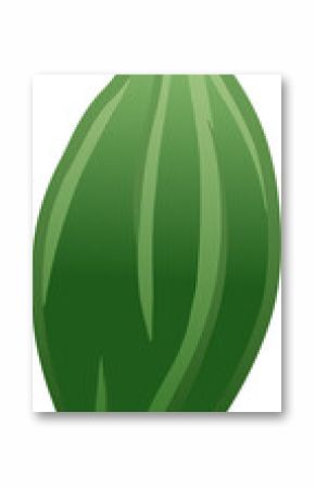 Flat design elongated green leaf is floating on transparent background, showing light green veins