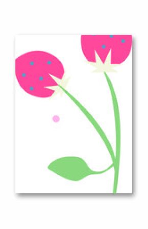 Two vector strawberries are floating on transparent canvas, showing green stems, leaf and pink dot