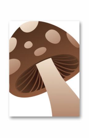 Stylized brown mushroom is being shown on transparent background with beige spots and dark gills