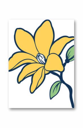 Yellow six-petaled flower is showing stem, leaves, bud, outline in vector on transparent background
