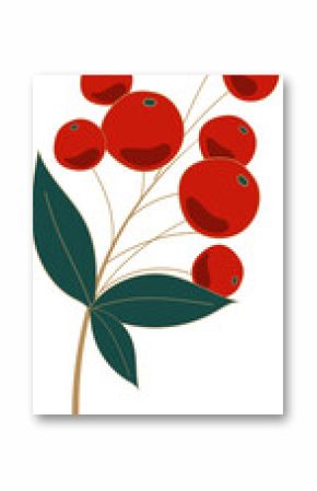 Flat design red berries are showing on golden stem, green leaves, transparent background