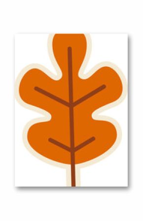 Flat design oak leaf is floating on transparent background: orange fill, beige outline, brown veins