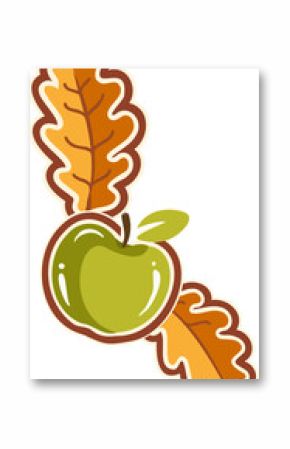 Cartoon green apple is sitting between orange oak leaves on transparent canvas in sticker style