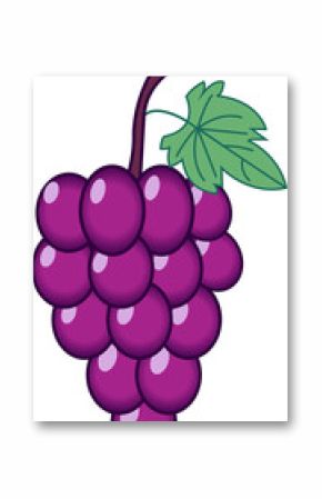 Showing stylized grape bunch glistening atop stem with green leaf on clear background, copy space