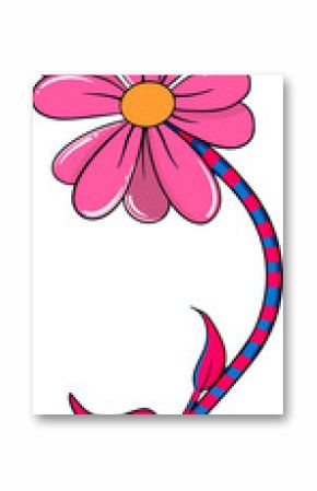 Flat pink flower is showing yellow center blue-red striped stem two leaves on transparent backdrop