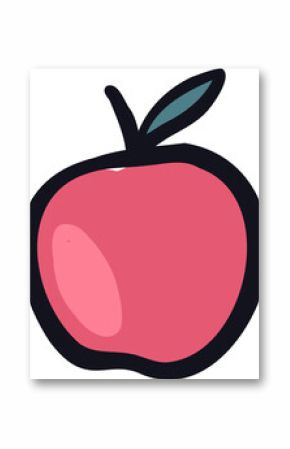 Vector-style apple is glowing in pink with highlight, stem, teal-blue leaves, transparent backdrop