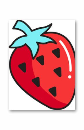 Red strawberry is floating in flat style, with teal leaves, black seeds, transparent background