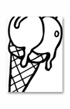 Monochrome line-art is showing melting ice cream on crosshatch waffle cone on transparent backdrop