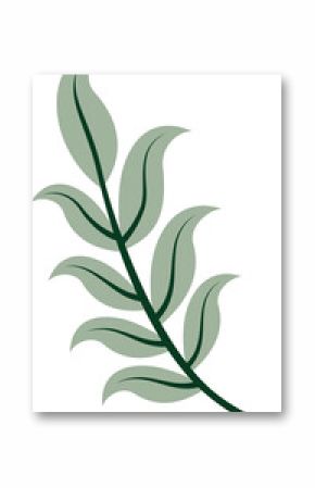 Stylized branch is arching in flat vector with eight green-veined leaves, transparent background