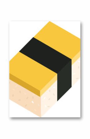 Isometric tamago nigiri is featuring sesame rice, egg, seaweed on clear background, copy space