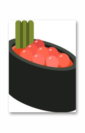 Stylized gunkanmaki sushi is being shown on transparent background, featuring glossy salmon roe
