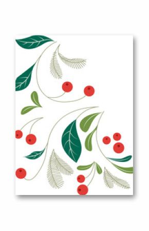 Vector botanical illustration is showing green leaves and red berries on transparent background