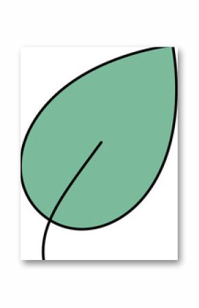 Stylized green leaf flat design is floating on transparent bg with black outline, vein, copy space