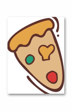 Pizza slice is moving in flat style with pepperoni, green pepper, heart cheese, transparent bg
