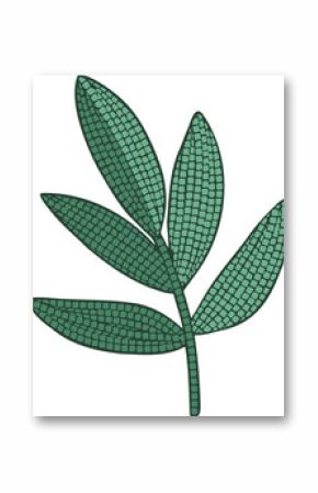 Stylized illustration is showing branch bearing six mosaic green leaves on transparent background