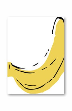Vector-style bright yellow banana is floating with black lines on transparent background