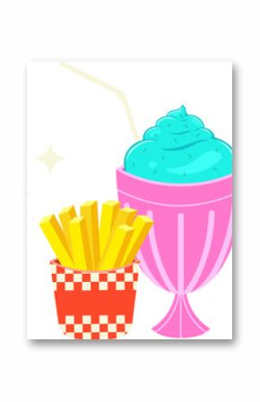 Flat vector showing pink milkshake with straw and fries on transparent backdrop, copy space