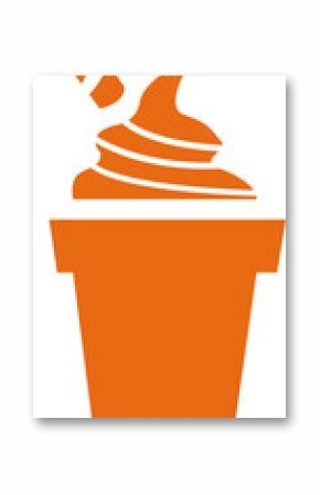 Soft-serve swirl is rising in cup, striped utensil is leaning, flat icon on transparent background