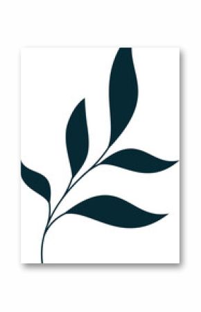 Stylized dark teal branch is featuring six curved leaves in flat vector art, transparent background