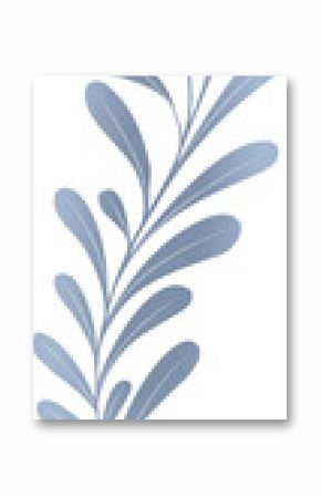 Stylized botanical branch is appearing on transparent background, with cool blue tapered leaves