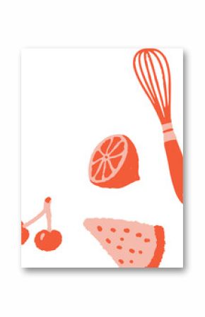 Flat cooking icons are showing whisk, halved citrus, cherries, dotted wedge on transparent backdrop