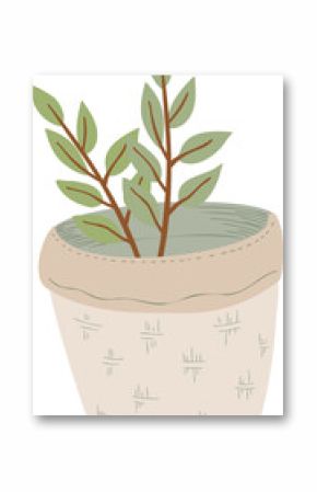 Minimalist illustration is showing stitched rim planter with green leaves on transparent background