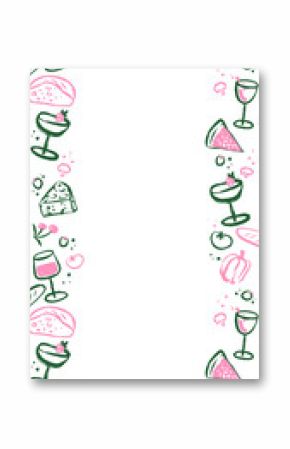 Flat doodle border is framing and featuring food drink icons on transparent background, copy space