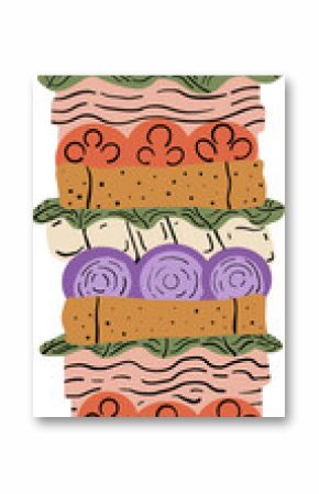 Wooden skewer is showing flat design with layered sandwich ingredients on transparent background