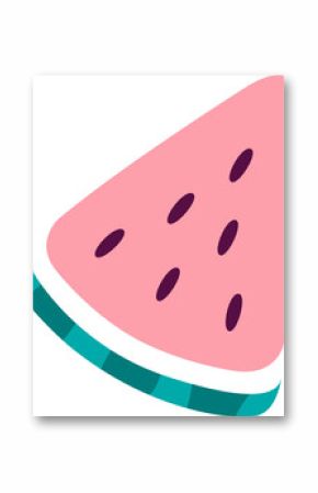 Flat fruit slice is floating on transparent background, showing pink flesh, purple seeds, teal rind