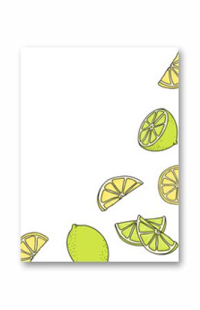 Hand-drawn citrus slices are floating on transparent background with lemon wedges and lime halves