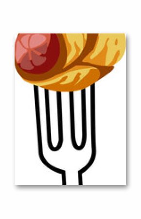 Flat design showing fork skewering flaky sausage rolls with pink inside on transparent background