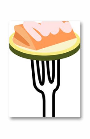 Fork is skewering salmon fillet with pink sauce on green rim in flat vector, transparent background