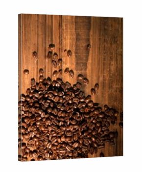 Dark roasted coffee beans are spilling across warm wooden tabletop in flat design