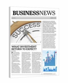 Flat design newspaper front page is showing BUSINESSNEWS and circular success gauge with bar chart
