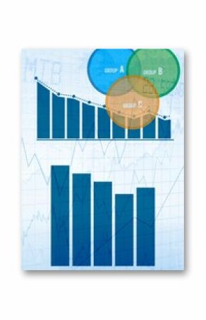 Flat data visualization showing two bar charts on blue grid with dotted line and group circles