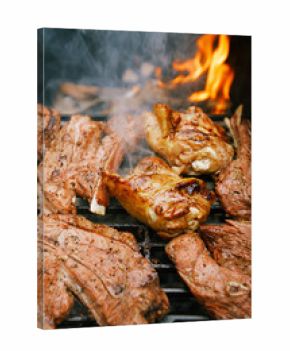 food meat - chicken and beef on party summer barbecue grill